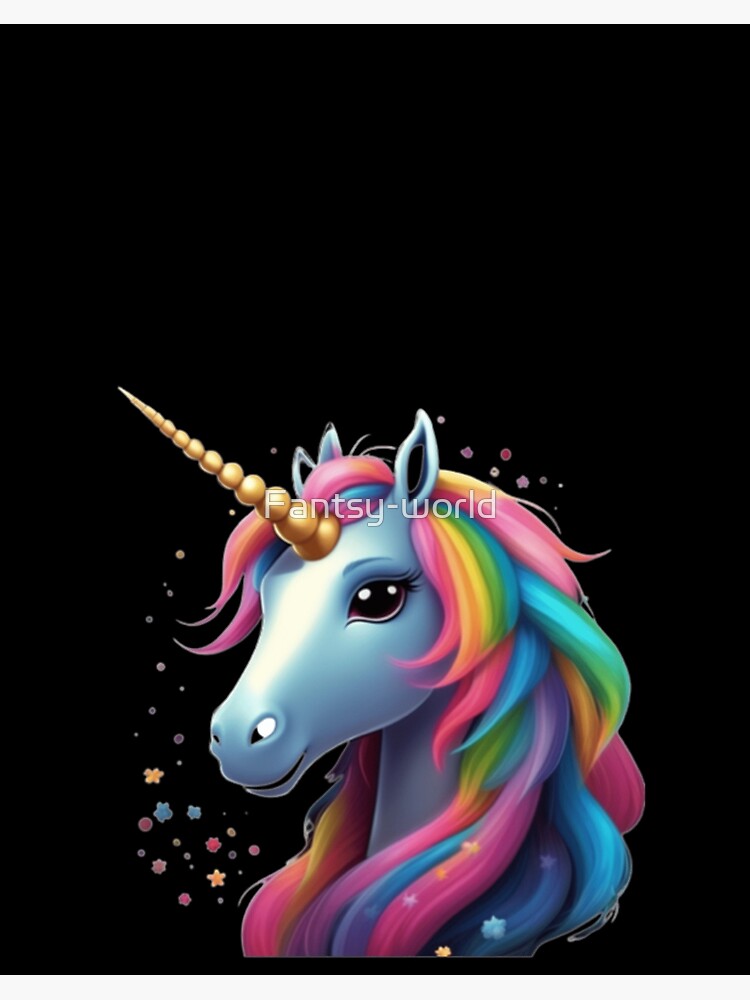 a beautiful, animated unicorn with rainbow-color hair, black eyes and a  golden horn mythical creature Art Board Print for Sale by Fantsy-world