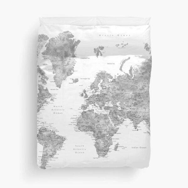 Grayscale watercolor world map with cities Duvet Cover