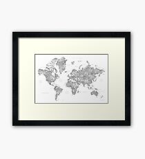 Grayscale watercolor world map with cities Framed Print