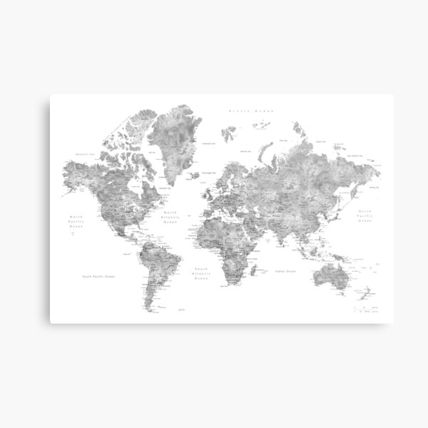 Grayscale watercolor world map with cities Metal Print