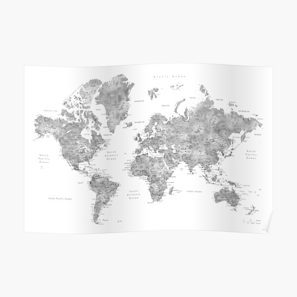 Grayscale watercolor world map with cities Poster
