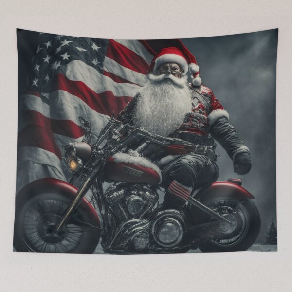 Item preview, Santa on a motorcycle in front of the American flag designed and sold by Shopart1283.
