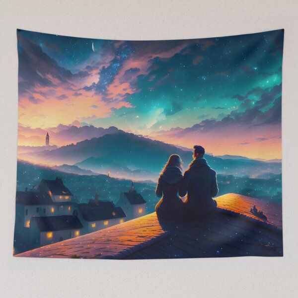 Item preview, Couple Sitting On The Roof designed and sold by ArtsyWishesShop.