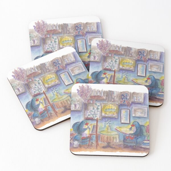 Item preview, Painter penguin and reading penguin in a blue cafe designed and sold by PenguinGirl-Art.