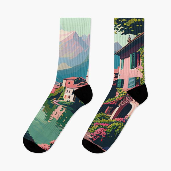 Item preview, Pastel Mountain Lake Town designed and sold by TheArtMage.