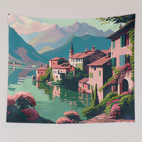 Item preview, Pastel Mountain Lake Town designed and sold by TheArtMage.