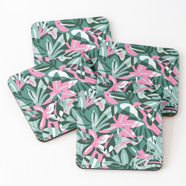 Item preview, Green and pink maximalist leaves shapes - overlapping tropical leaves  - lush jungle of cut out leaves designed and sold by Muxune.