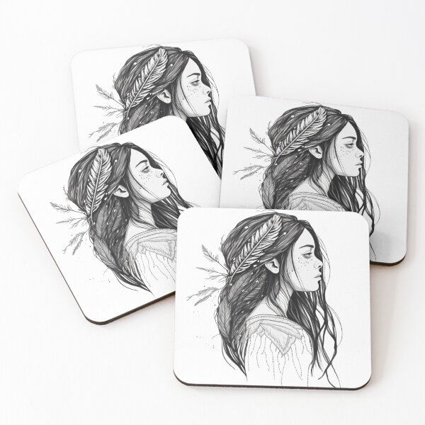 Item preview, The Girl With Feathers Hand-Drawn Black and White Design designed and sold by DigitalMagShop.