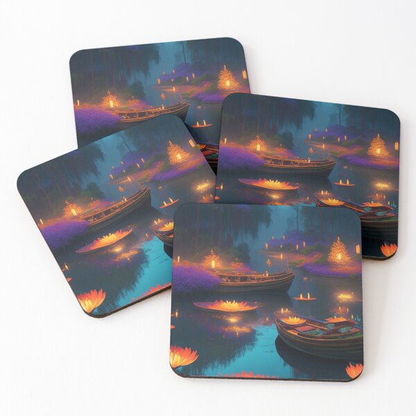 Item preview, Lotus lit in a lake, Vietnam at dusk under moonlight with boats travel scenic illustration design  designed and sold by Meena-tta.