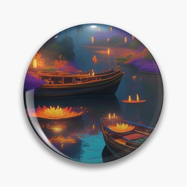 Item preview, Lotus lit in a lake, Vietnam at dusk under moonlight with boats travel scenic illustration design  designed and sold by Meena-tta.