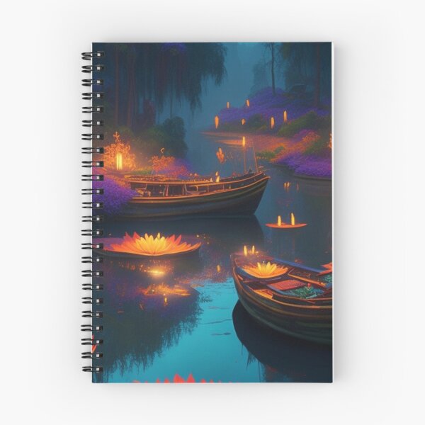 Item preview, Lotus lit in a lake, Vietnam at dusk under moonlight with boats travel scenic illustration design  designed and sold by Meena-tta.