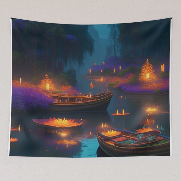 Item preview, Lotus lit in a lake, Vietnam at dusk under moonlight with boats travel scenic illustration design  designed and sold by Meena-tta.