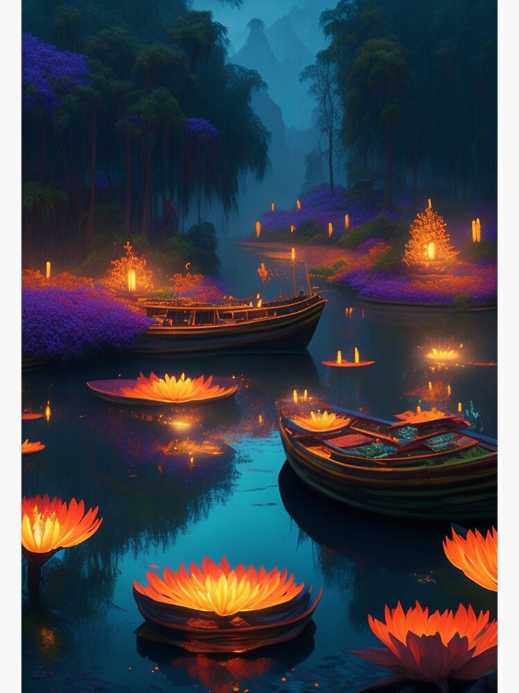 Lotus flowers in a lake, Vietnam at dusk under the stars with boats  travelling scenic illustration design | Magnet