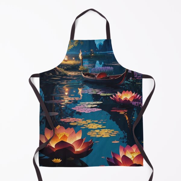 Item preview, Lotus lit in a lake, Vietnam at dusk under moonlight with boats travel scenic illustration design  designed and sold by Meena-tta.