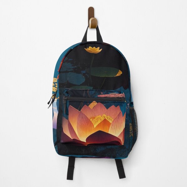 Item preview, Lotus lit in a lake, Vietnam at dusk under moonlight with boats travel scenic illustration design designed and sold by Meena-tta.