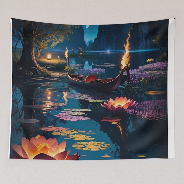 Item preview, Lotus lit in a lake, Vietnam at dusk under moonlight with boats travel scenic illustration design  designed and sold by Meena-tta.