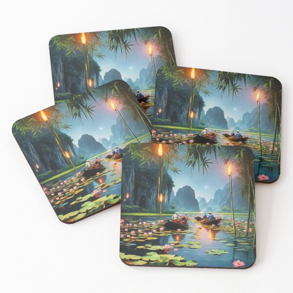 Item preview, Lotus flowers in a lake, Vietnam at dusk under the stars with boats travelling scenic illustration design  designed and sold by Meena-tta.