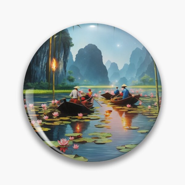Item preview, Lotus flowers in a lake, Vietnam at dusk under the stars with boats travelling scenic illustration design  designed and sold by Meena-tta.