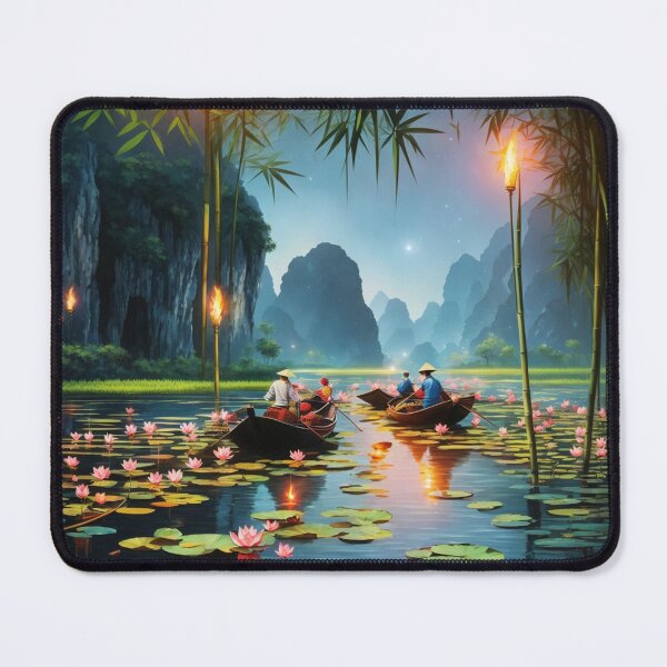 Item preview, Lotus flowers in a lake, Vietnam at dusk under the stars with boats travelling scenic illustration design designed and sold by Meena-tta.