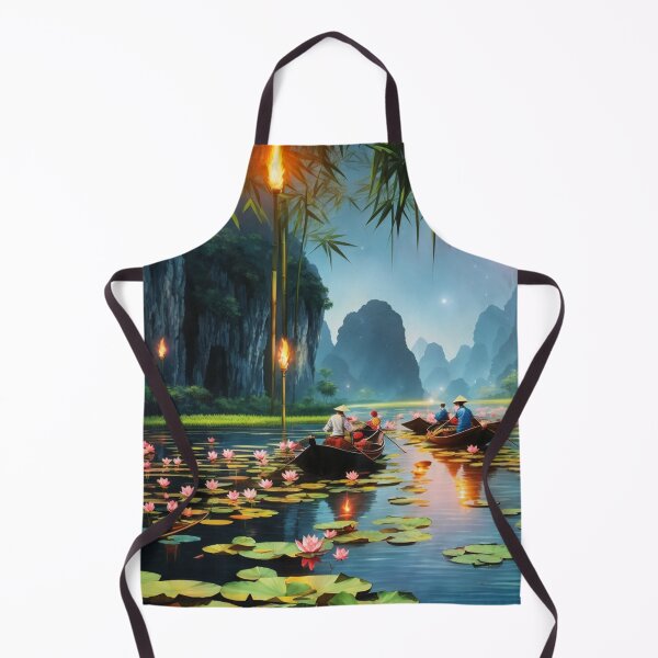 Item preview, Lotus flowers in a lake, Vietnam at dusk under the stars with boats travelling scenic illustration design  designed and sold by Meena-tta.
