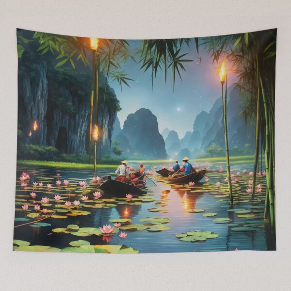 Item preview, Lotus flowers in a lake, Vietnam at dusk under the stars with boats travelling scenic illustration design  designed and sold by Meena-tta.