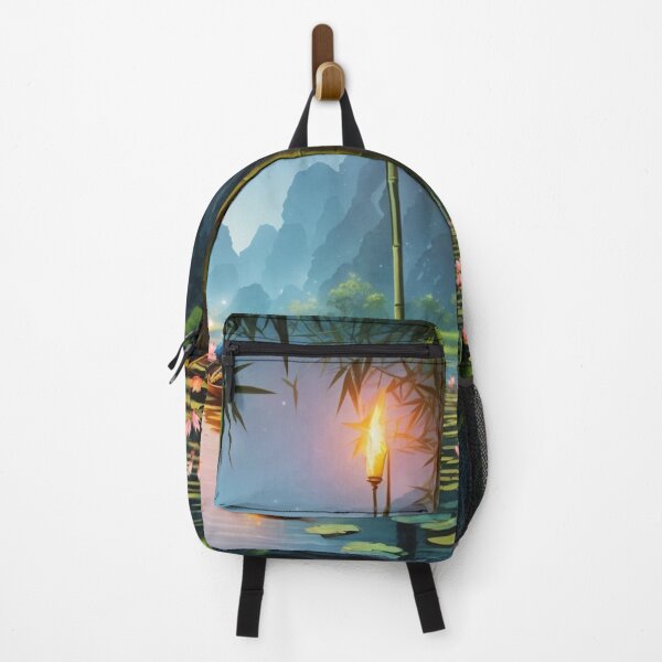 Item preview, Lotus flowers in a lake, Vietnam at dusk under the stars with boats travelling scenic illustration design designed and sold by Meena-tta.