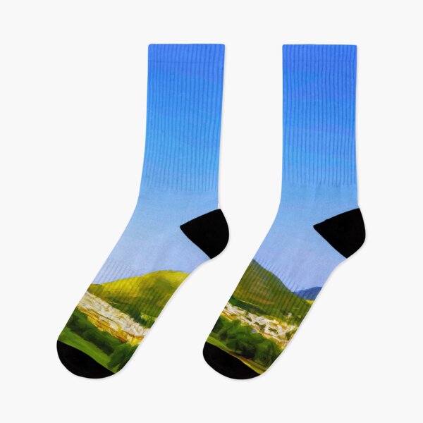 Item preview, White Spanish town with hill backdrop. Image created using geometric shapes designed and sold by EdgyEdgeArt.