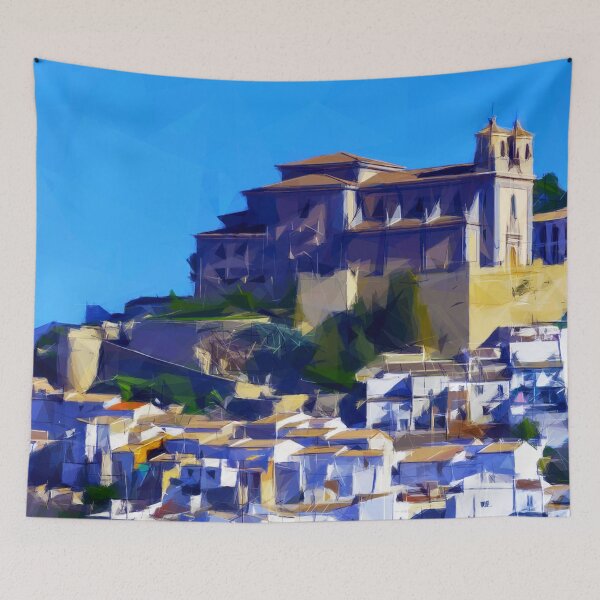 Item preview, Church on a hill of a white Spanish village. Image created using geometric shapes designed and sold by EdgyEdgeArt.