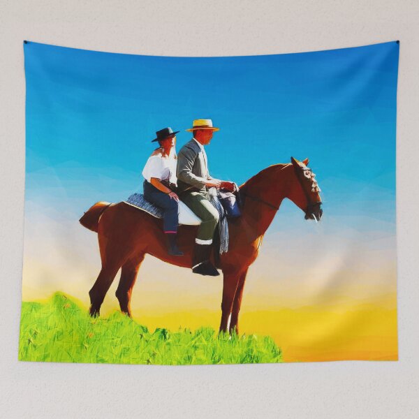 Item preview, Spanish couple on a horse at sunrise. Image created using geometric shapes designed and sold by EdgyEdgeArt.