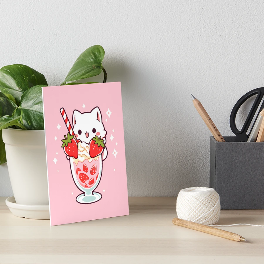 Cute Kawaii Cat in Anime Style in a Glass of Strawberry Cocktail