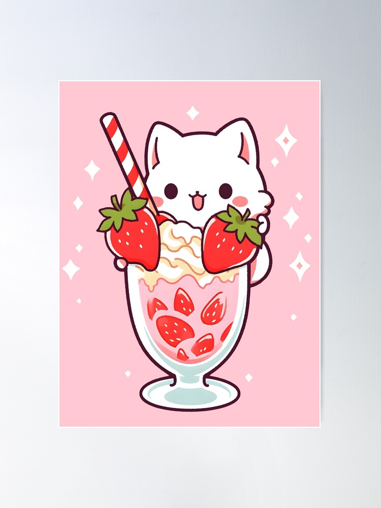 Adorable Kawaii Strawberry Milkshake Cat - Cute Cat Lover Gift Poster by  Shegohi