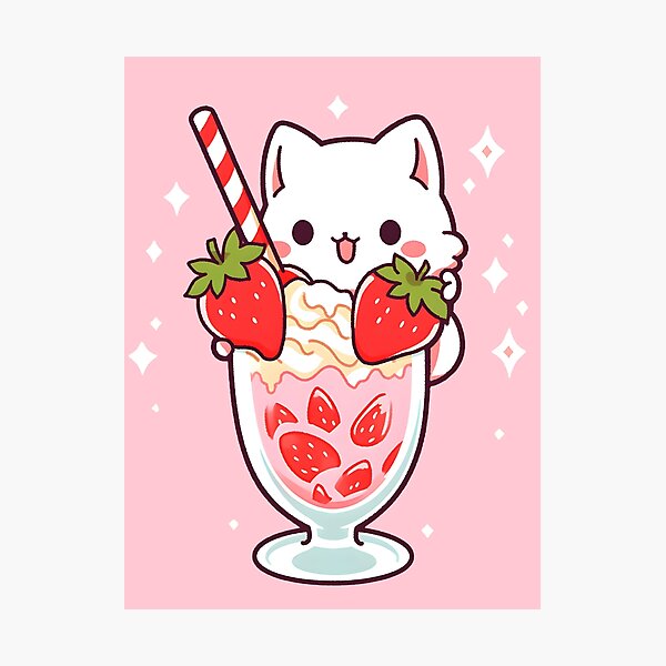 Adorable Kawaii Strawberry Milkshake Cat - Cute Cat Lover Gift Art Board  Print by Shegohi