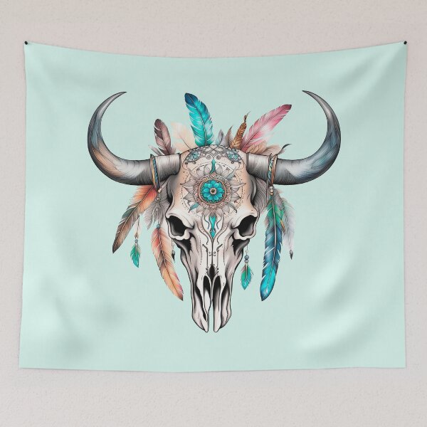 Item preview, Bohemian wild bull skull with ethnic pastel colors designed and sold by SkullsToGo.