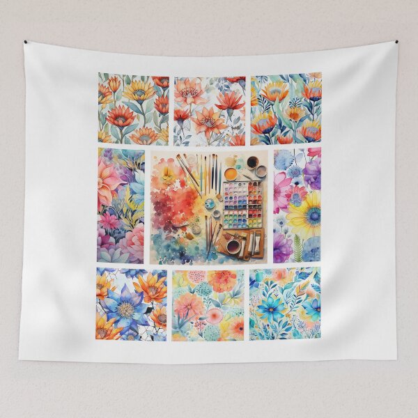 Item preview, Watercolor Blossoms and Painting Tools Collage designed and sold by MyMerryMary.