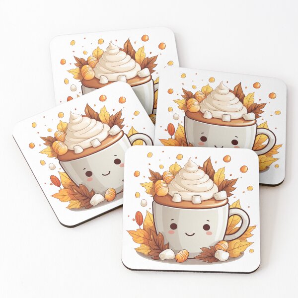 Aperçu de l'œuvre Chocolat Chaud Cutie Adorable Tasse Kawaii Guimauves Feuilles D'automne créée et vendue par InkwaveDesigns.