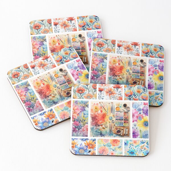 Item preview, Watercolor Blossoms and Painting Tools Collage designed and sold by MyMerryMary.