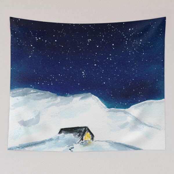 Item preview, Winter cabin, snowy landscape watercolor painting designed and sold by AnissaF.