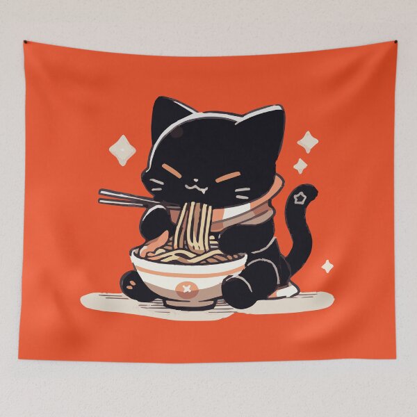 Item preview, Chubby lucky cat eating ramen designed and sold by etherElric.