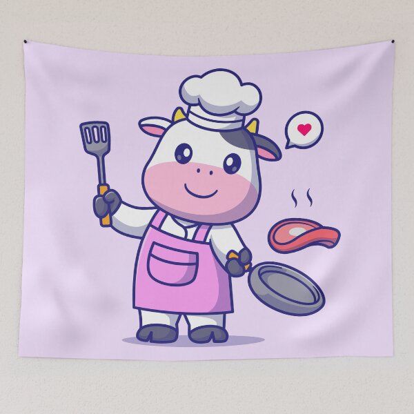 Item preview, Cute Cow Chef Cooking Steak Meat Cartoon Vector Icon designed and sold by hjian8219.