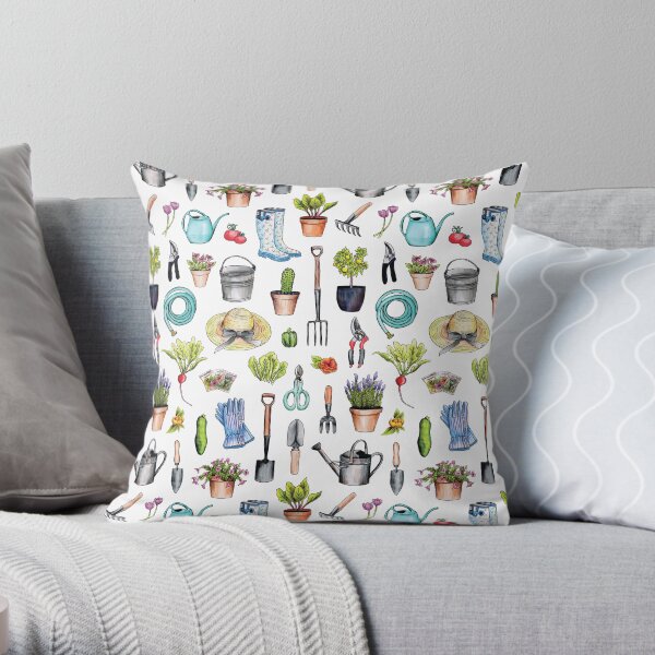 Garden Gear - Spring Gardening Pattern w/ Garden Tools & Supplies Throw Pillow