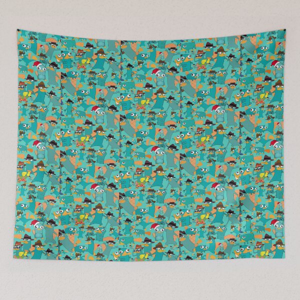 Artikelvorschau, Perry das Schnabeltier Phineas und Ferb Collage-Musterdesign – Aquamarin-Hintergrundgrafik entworfen und verkauft von tienlong5.