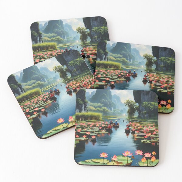 Item preview, Lotus flowers in a lake, Vietnam under blue sky with boats travelling scenic illustration design  designed and sold by Meena-tta.