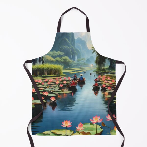 Item preview, Lotus flowers in a lake, Vietnam under blue sky with boats travelling scenic illustration design  designed and sold by Meena-tta.