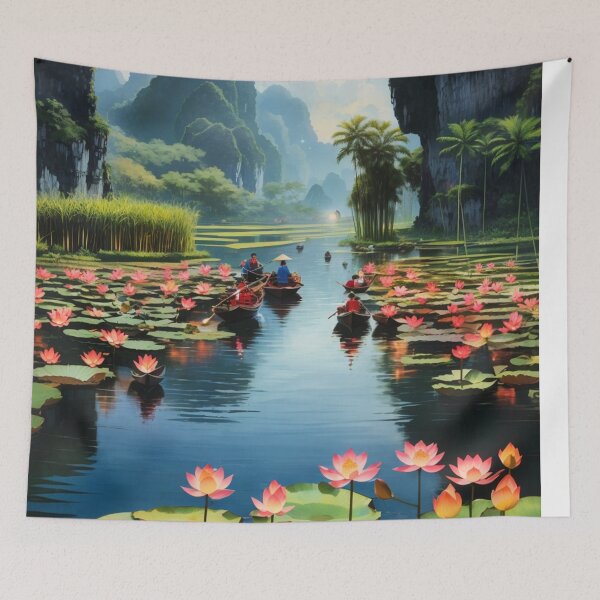 Item preview, Lotus flowers in a lake, Vietnam under blue sky with boats travelling scenic illustration design  designed and sold by Meena-tta.