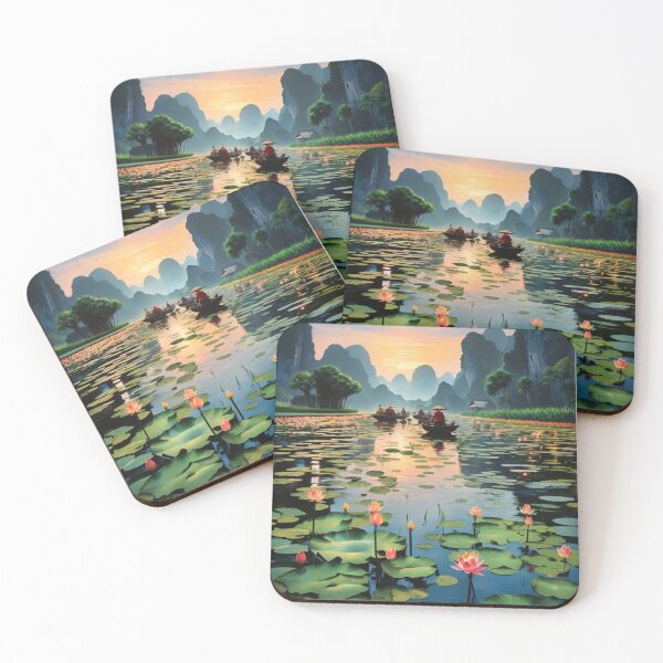 Item preview, Lotus flowers in a lake, Vietnam at dusk under the stars with boats travelling scenic illustration design  designed and sold by Meena-tta.