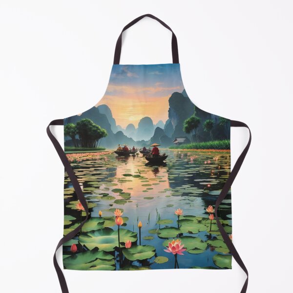 Item preview, Lotus flowers in a lake, Vietnam at dusk under the stars with boats travelling scenic illustration design  designed and sold by Meena-tta.