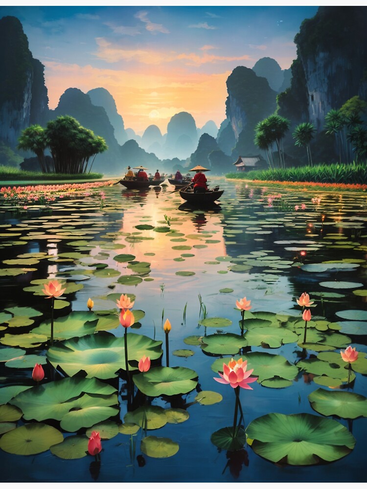 Lotus flowers in a lake, Vietnam at dusk under the stars with boats  travelling scenic illustration design | Magnet
