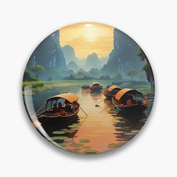 Item preview, Lotus flowers in a lake, Vietnam at dawn during sunrise with boats travelling scenic illustration design  designed and sold by Meena-tta.