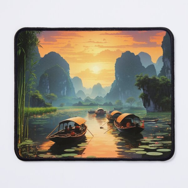 Lotus flowers in a lake, Vietnam at dusk under the stars with boats  travelling scenic illustration design | Magnet