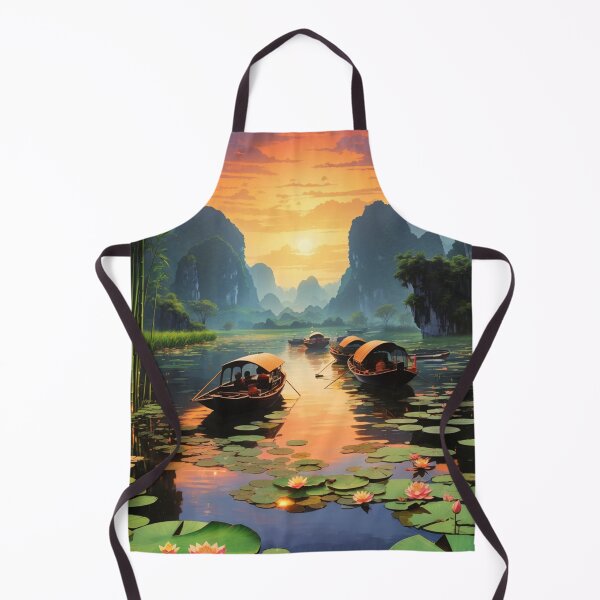 Item preview, Lotus flowers in a lake, Vietnam at dawn during sunrise with boats travelling scenic illustration design  designed and sold by Meena-tta.